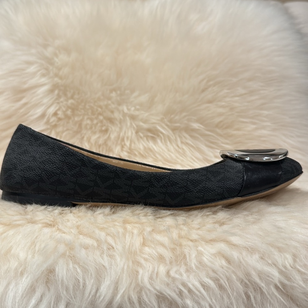 Michael Kors Black/Grey MK Initial Loafers with Silver Accent Buckle